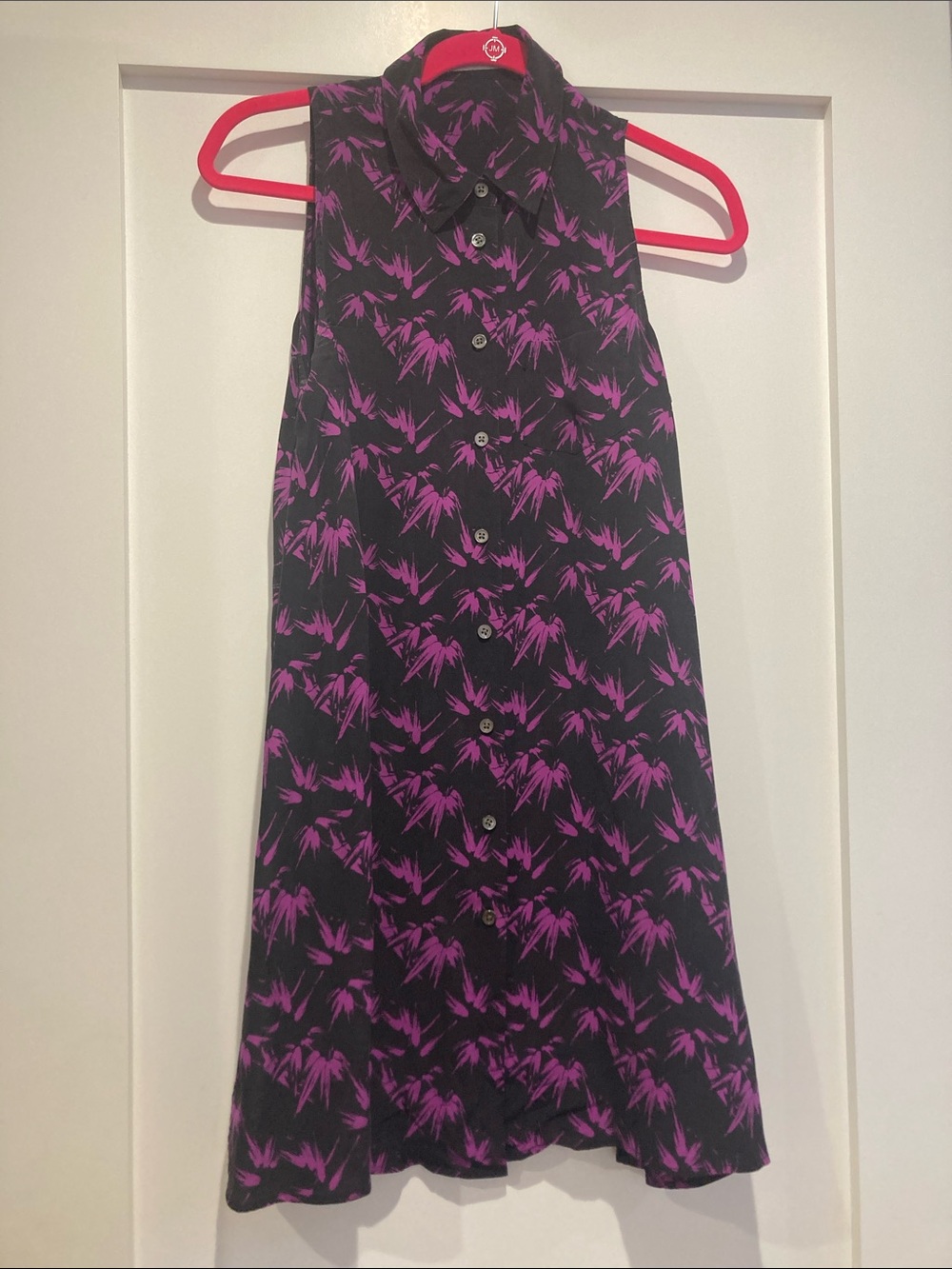 Equipment Black Sleeveless Button-Front Mini Dress with Purple Print